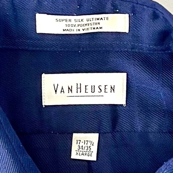 Van Heusen Button Up Dress Shirt Blue Jacquard Checkered Pattern XL 17 1/2 x 35 - Picture 5 of 11